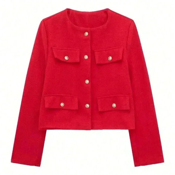 Red Elegant Women's Casual Tweed Jacket Decorated Long Sleeves Coat - Picture 2 of 8